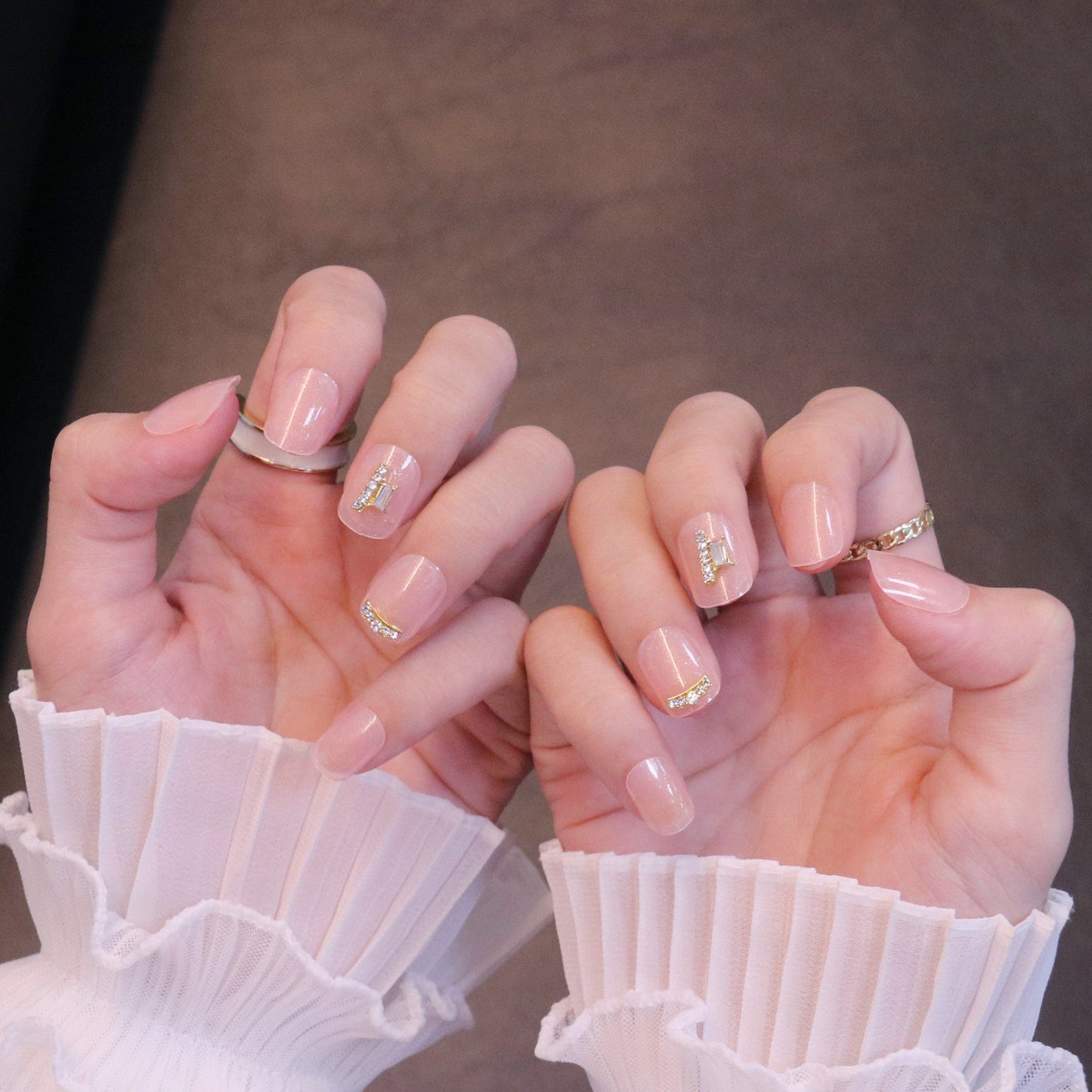 Short Squared Oval Nude Press On Nails with Crystal Charms