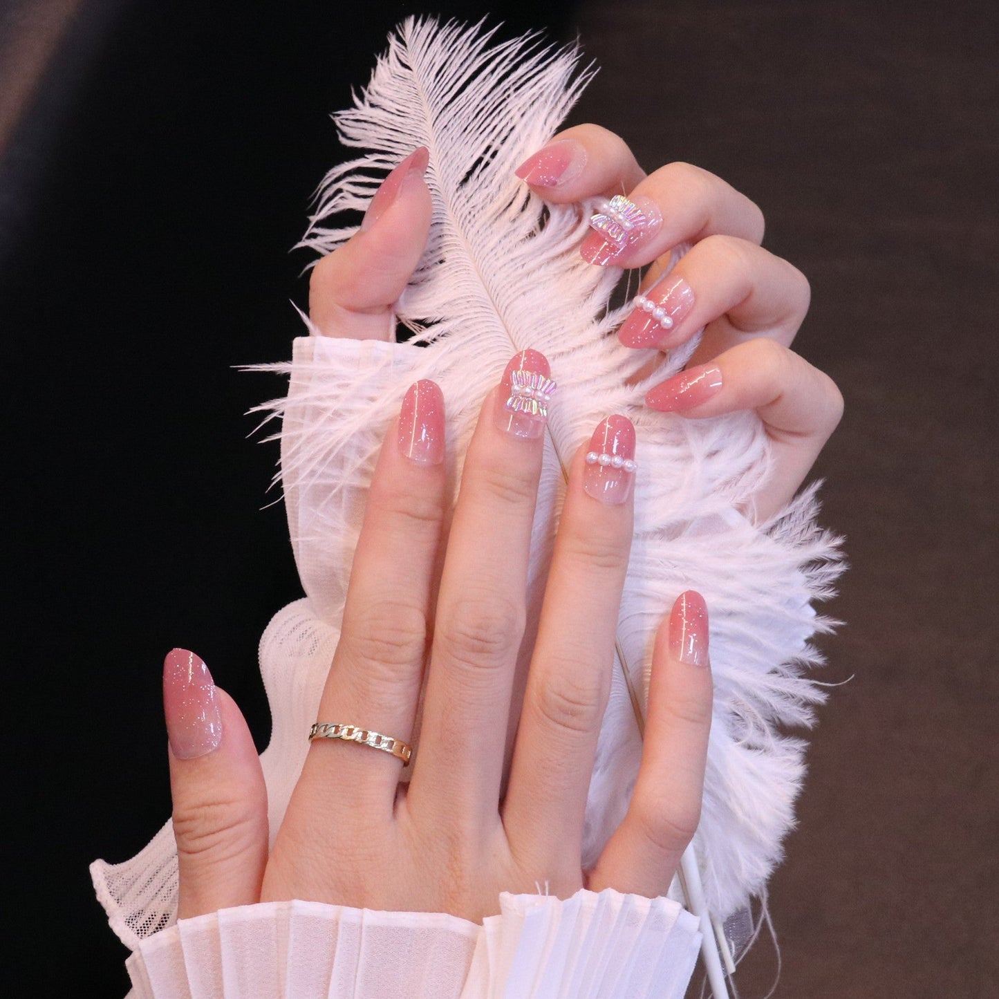 Medium Rounded Baby Pink Press On Nails with Ruched Charm and Pearls