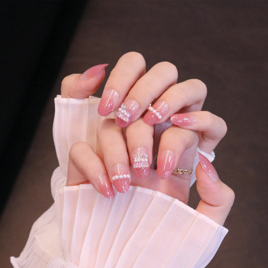 Medium Rounded Baby Pink Press On Nails with Ruched Charm and Pearls