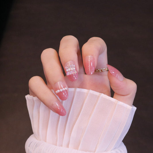 Medium Rounded Baby Pink Press On Nails with Ruched Charm and Pearls