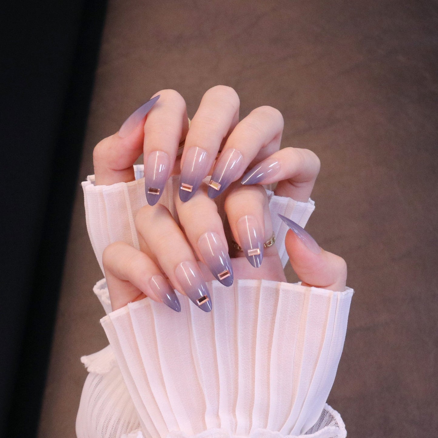 Long Almond Periwinkle Press On Nails with Crystal Charms