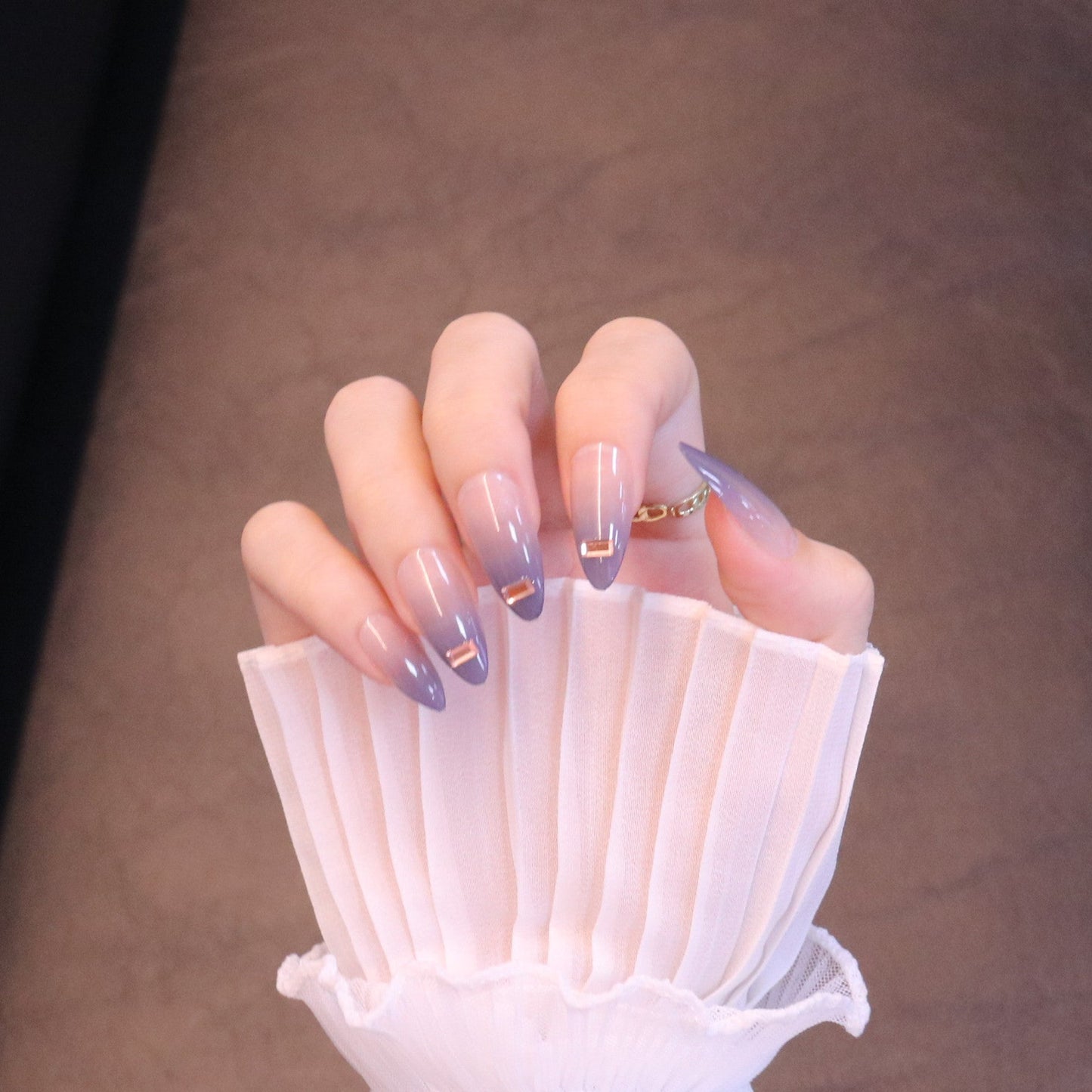 Long Almond Periwinkle Press On Nails with Crystal Charms