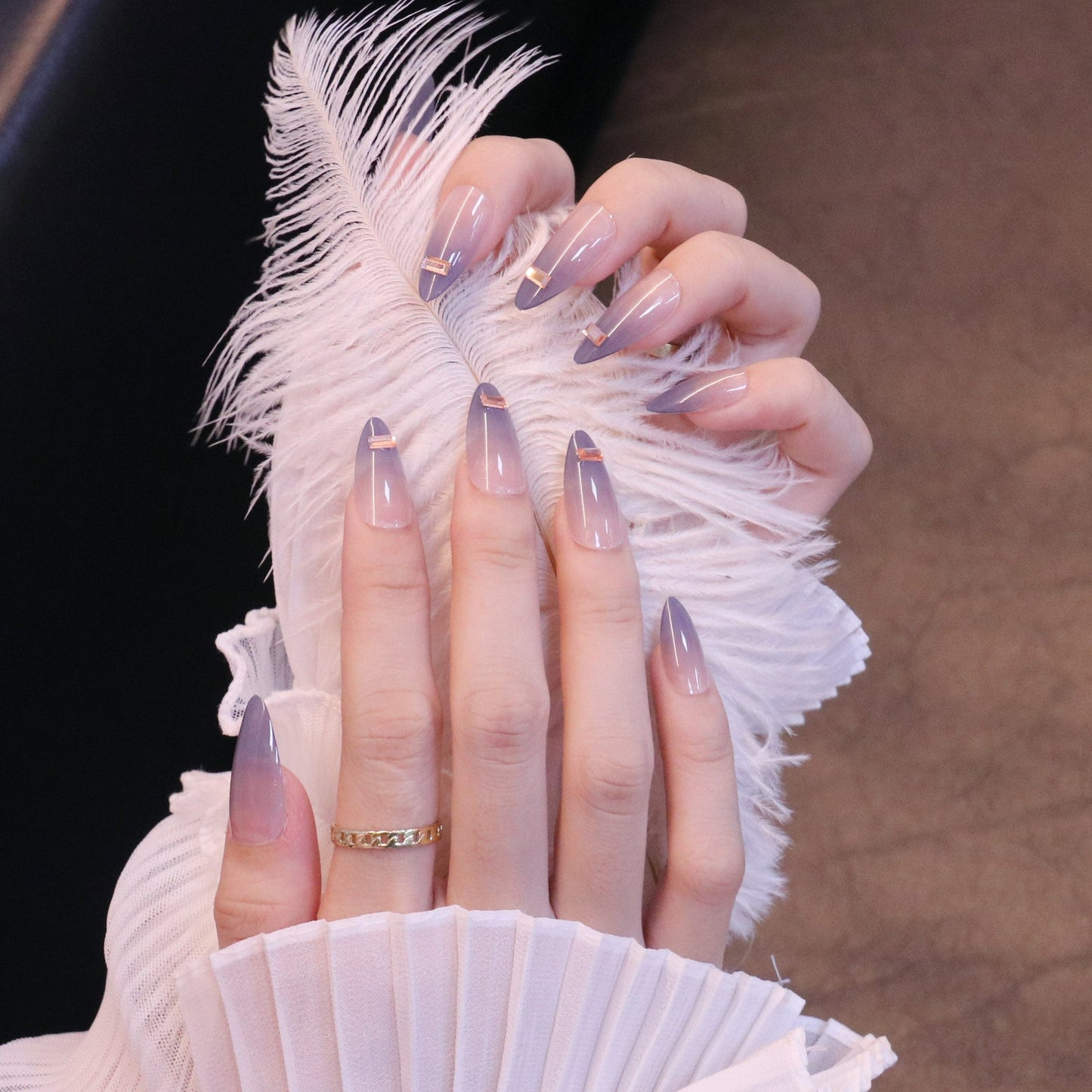 Long Almond Periwinkle Press On Nails with Crystal Charms