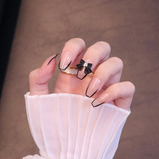 Medium Square Nude Press On Nails with Black Bow and French Tip