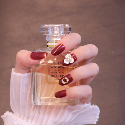 Medium Rounded Red Press On Nails with Flower and Pearl Charms