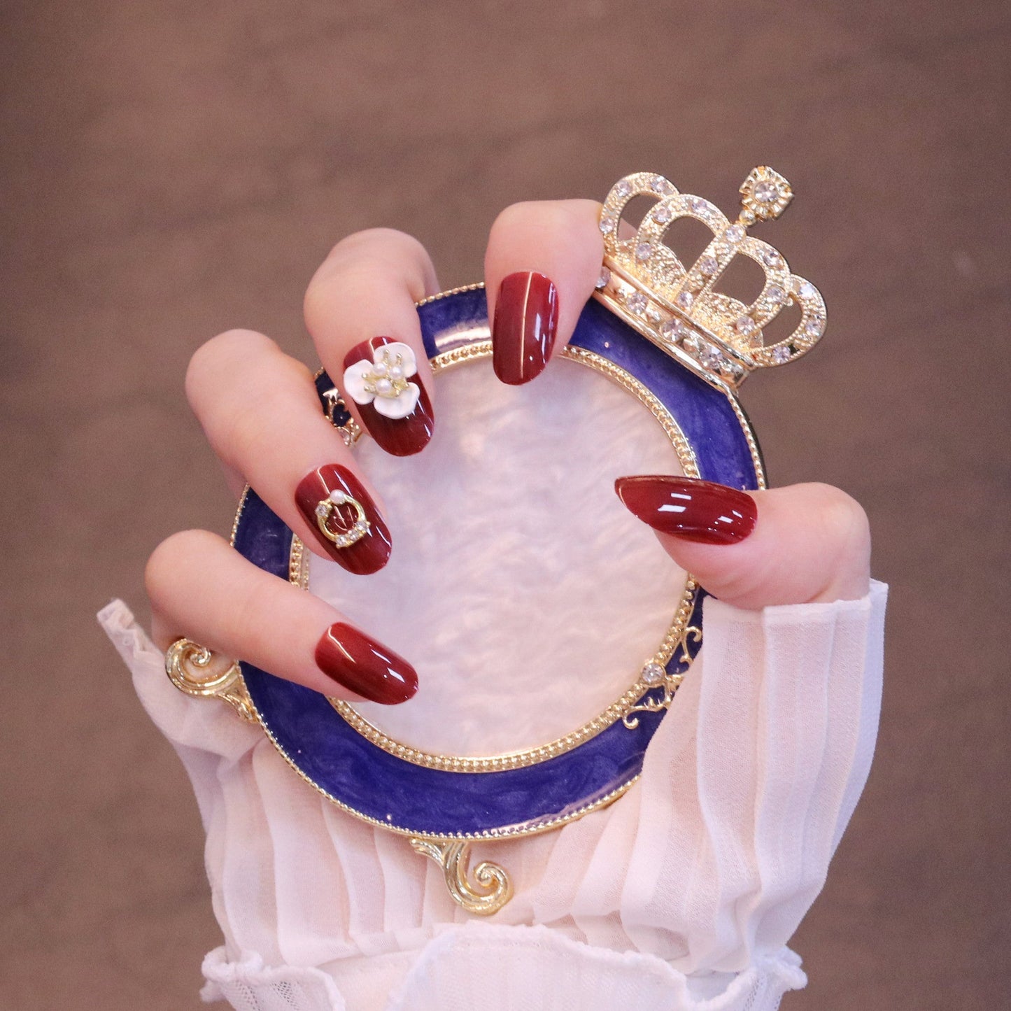 Medium Rounded Red Press On Nails with Flower and Pearl Charms
