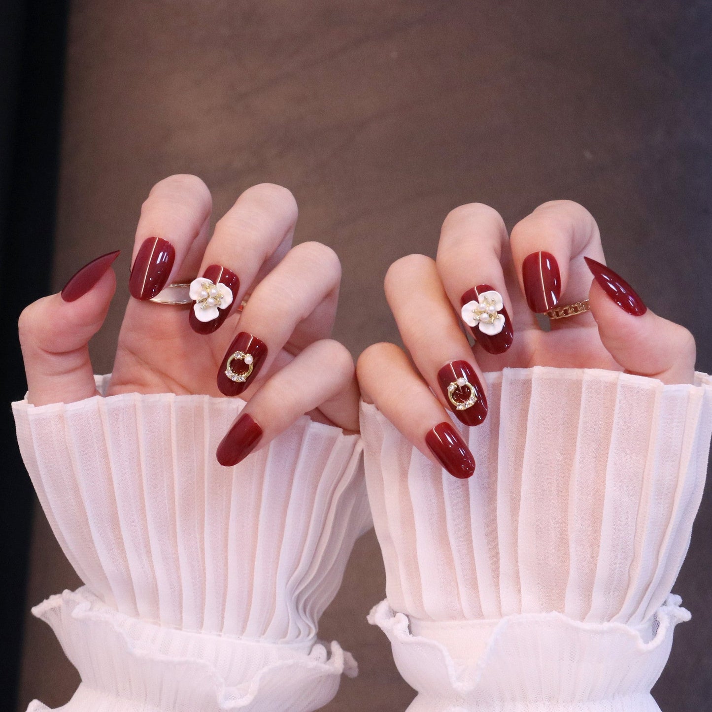Medium Rounded Red Press On Nails with Flower and Pearl Charms