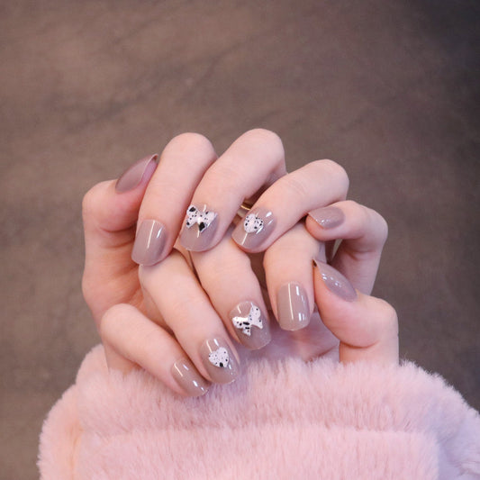 Short Squared Oval Light Brown Press On Nails with Dalmatians Bow