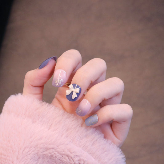 Short Squared Oval Purple Press On Nails with Bow Charm