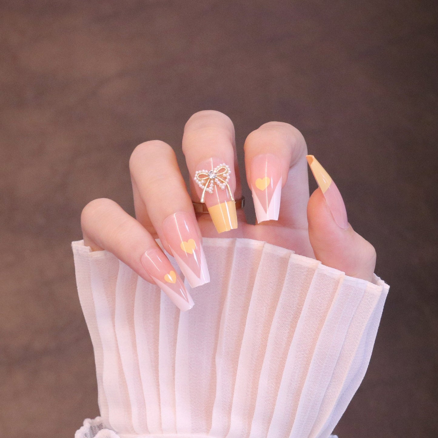 Long Square Yellow French Tip Press On Nails with Bow