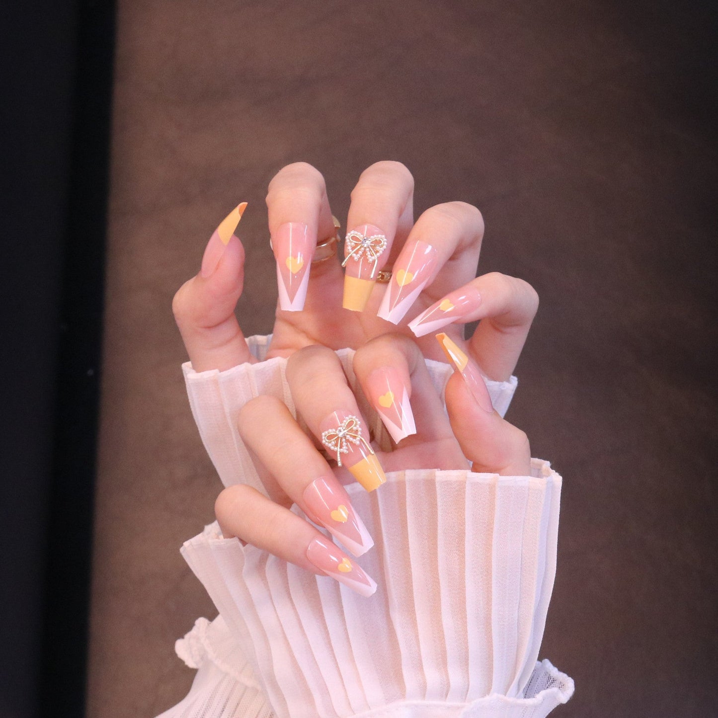 Long Square Yellow French Tip Press On Nails with Bow