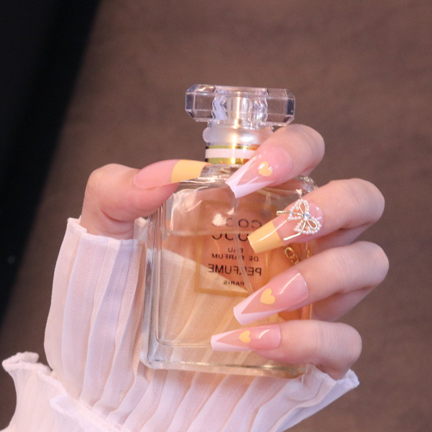 Long Square Yellow French Tip Press On Nails with Bow