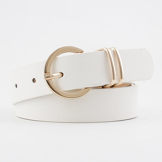 Faux Leather Belt with Classic Gold Round Buckle