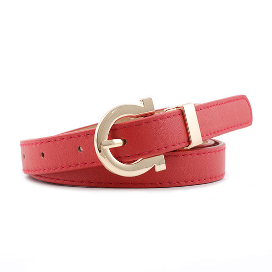 Thin Faux Leather Belt with Gold Horseshoe Buckle