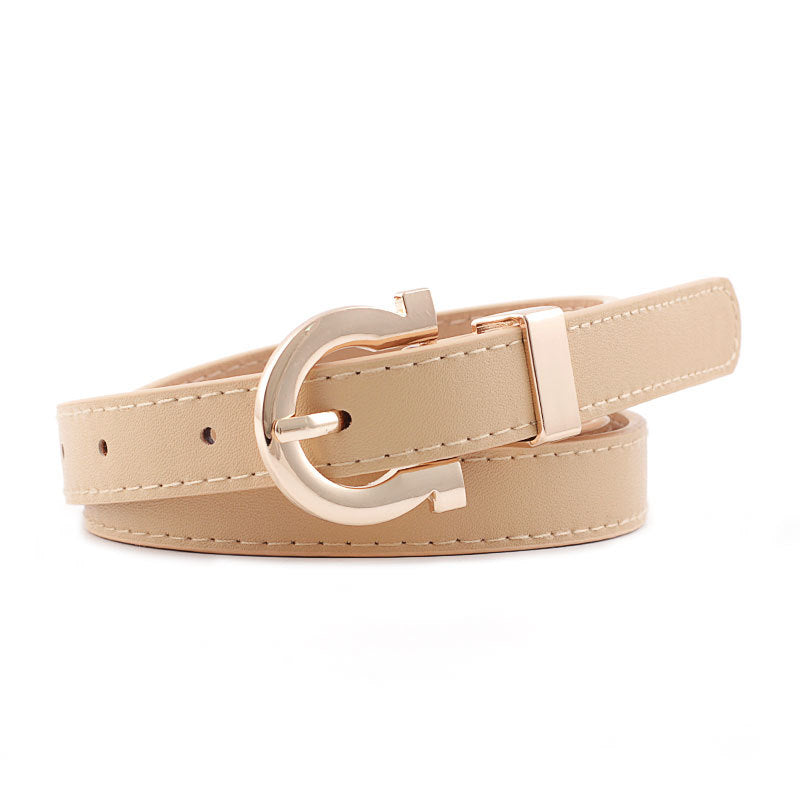 Thin Faux Leather Belt with Gold Horseshoe Buckle