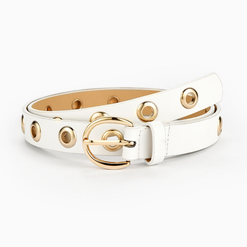 Thin Faux Leather Belt with Round Gold Buckle and Gold Hoops