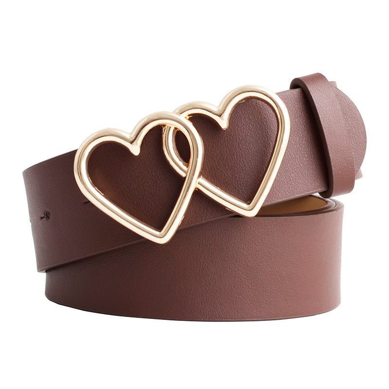 Faux Leather Belt with Double Gold Hearts Buckle