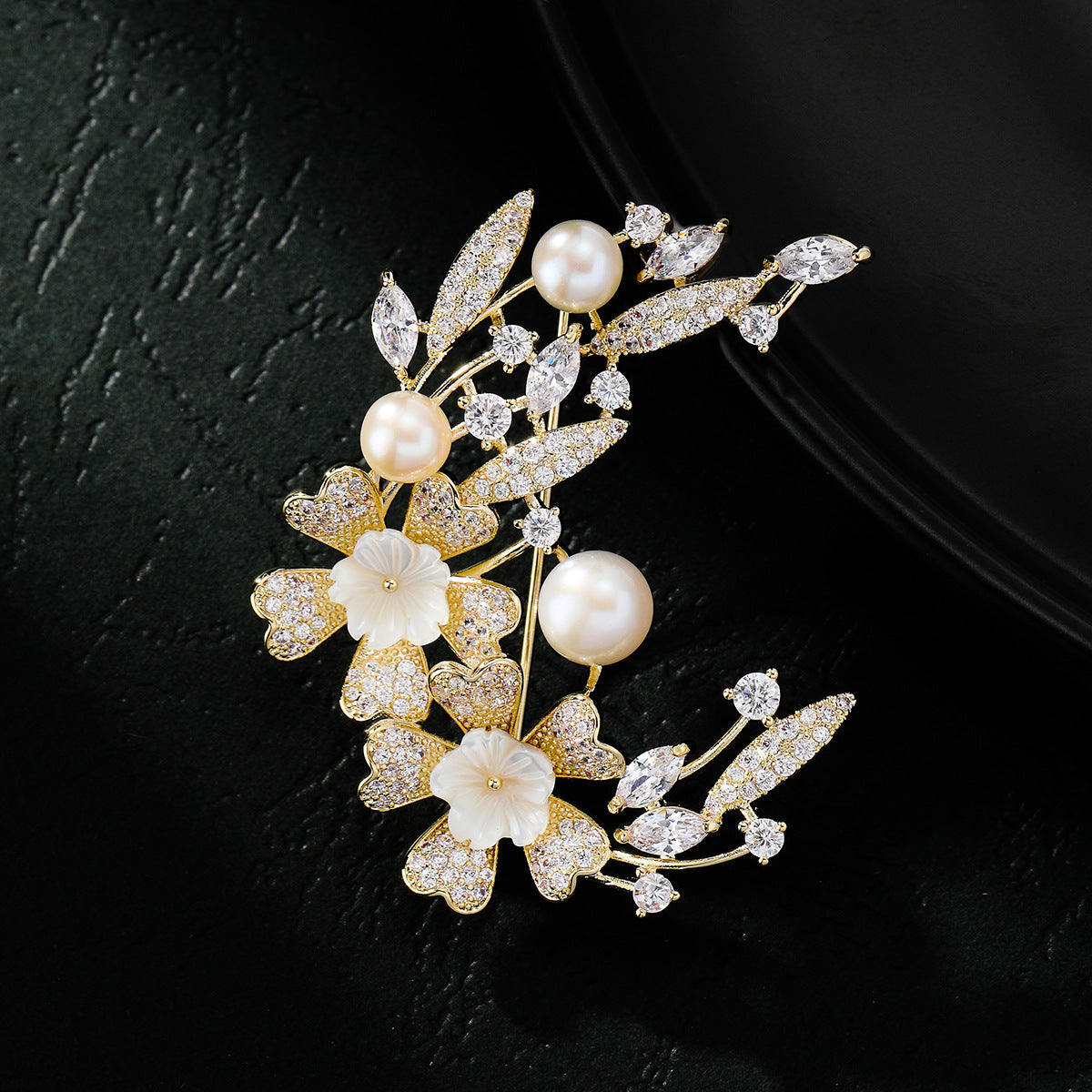 Floral Half Moon Brooch with Crystals and Pearls