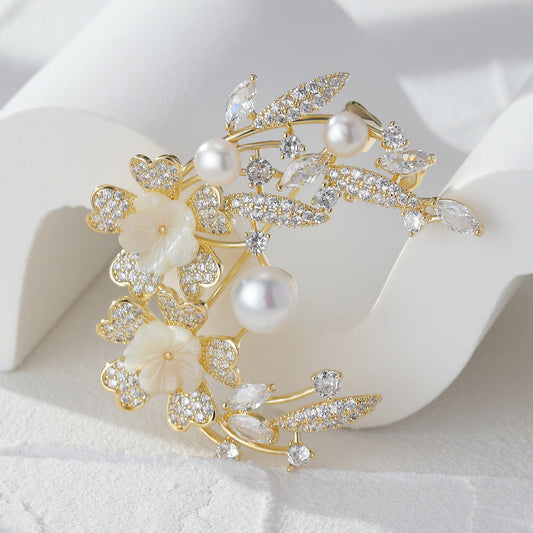 Floral Half Moon Brooch with Crystals and Pearls