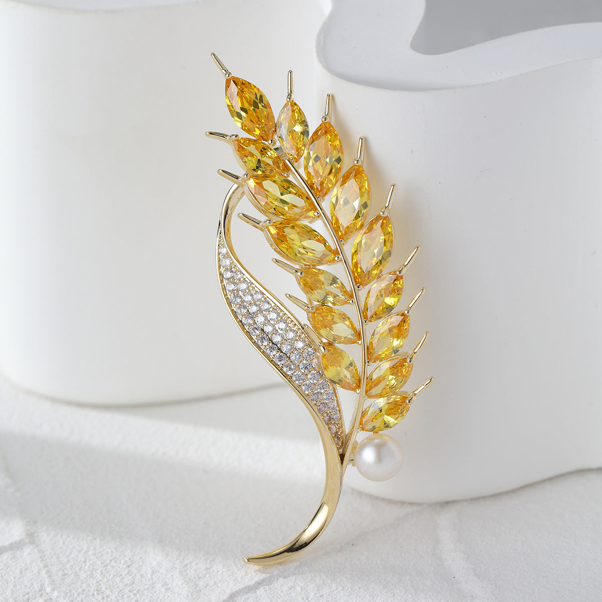 Delicate Wheat Leaf Brooch with Crystals and Pearl