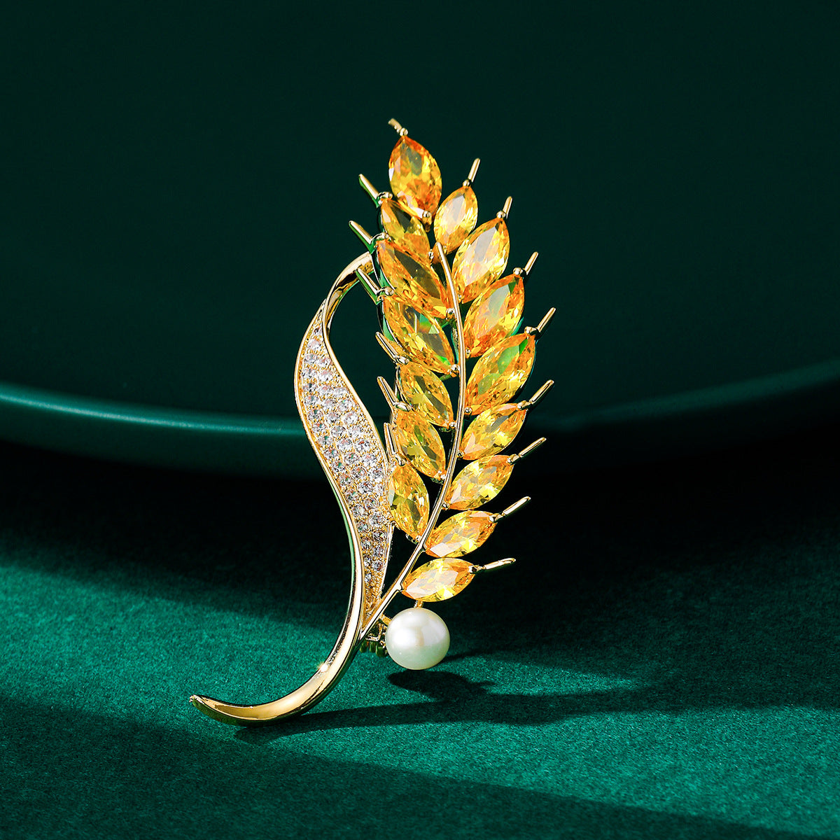 Delicate Wheat Leaf Brooch with Crystals and Pearl