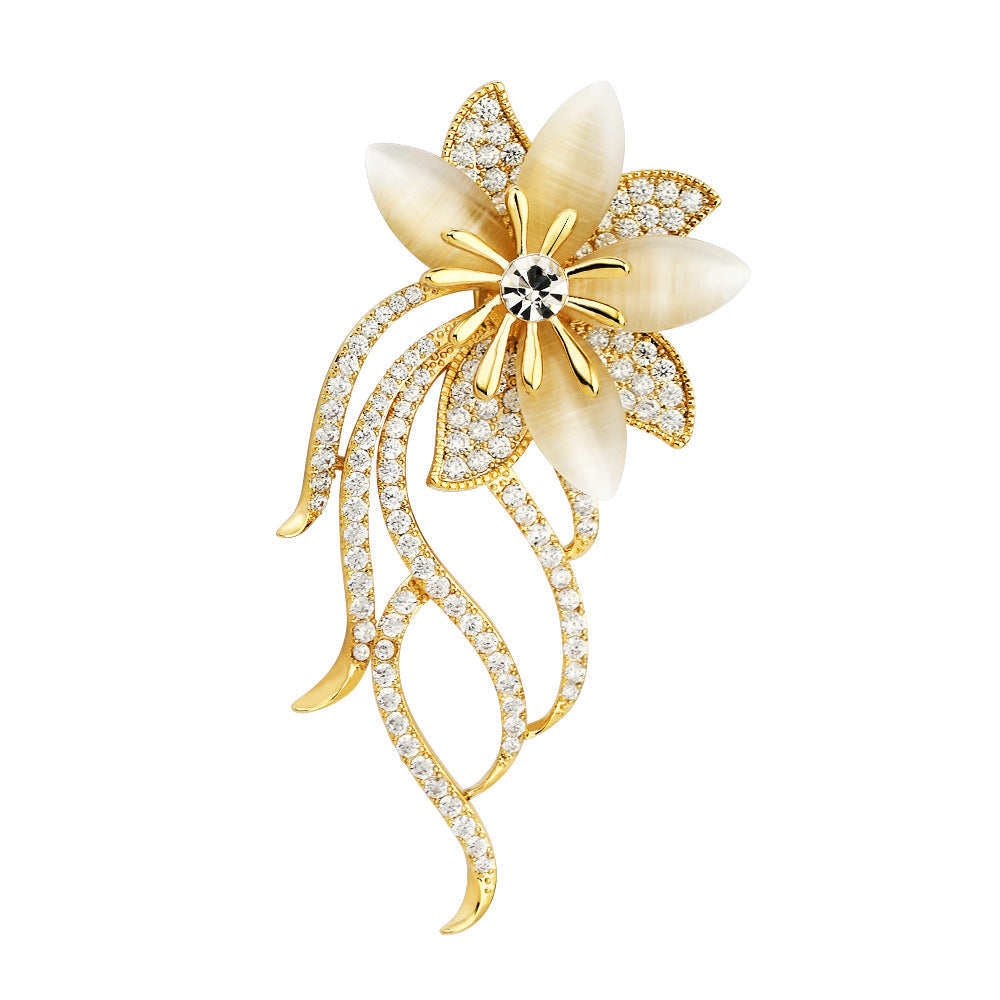 Flower Brooch Embellished with Clear Dazzling Crystals & Shell Stone