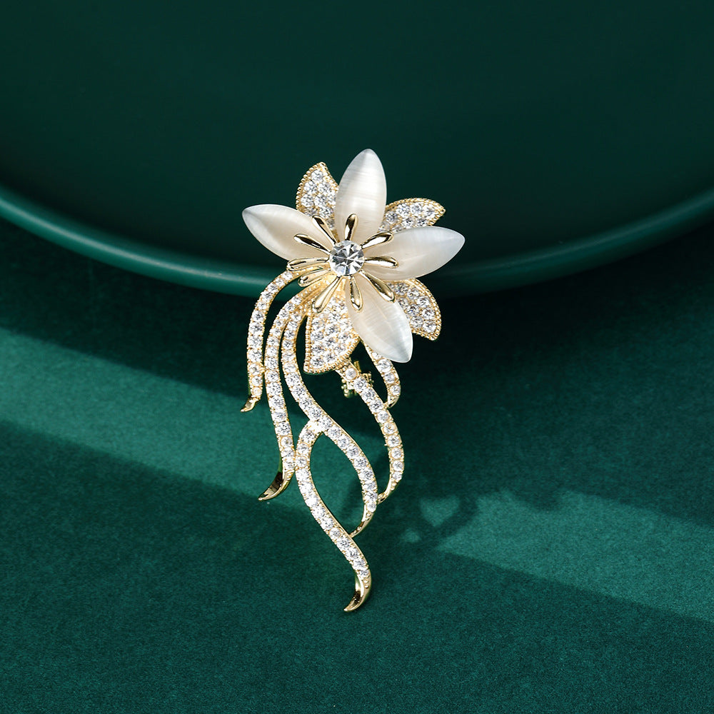 Flower Brooch Embellished with Clear Dazzling Crystals & Shell Stone