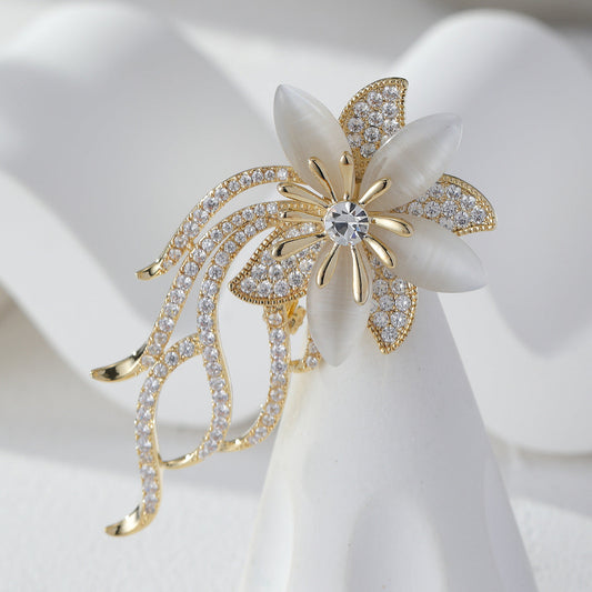 Flower Brooch Embellished with Clear Dazzling Crystals & Shell Stone