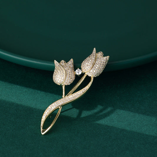 Tulip Flower Brooch with Clear Crystals