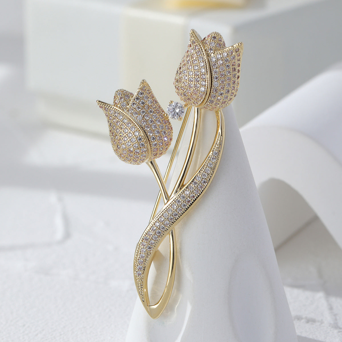 Tulip Flower Brooch with Clear Crystals