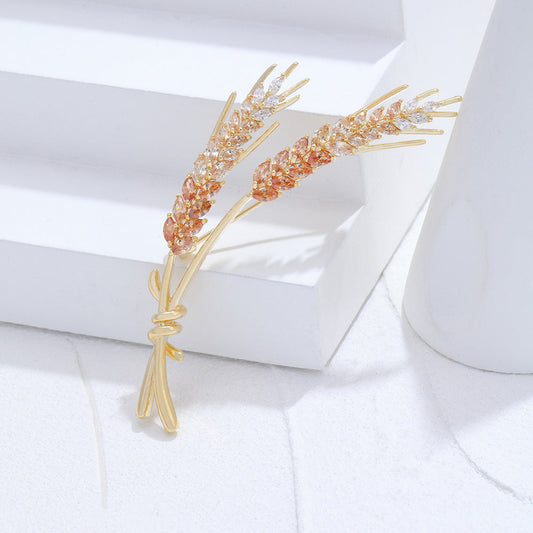 Bundle of Wheat Plants Brooch with Colorful Rhinestones