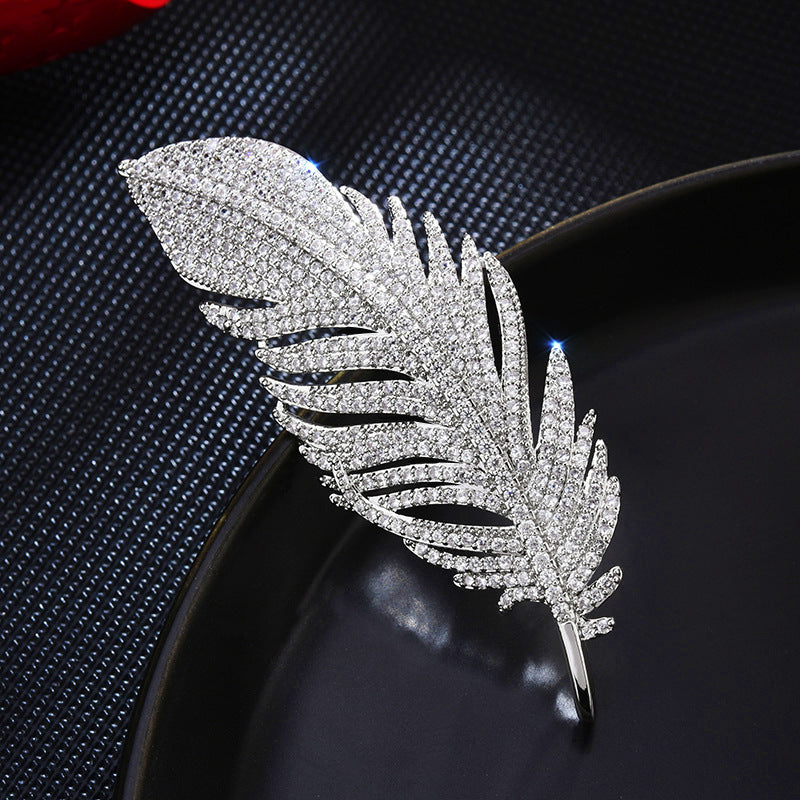 Large Rhinestone Feather Brooch with Clear Crystals