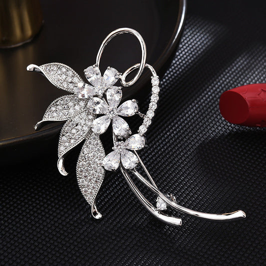 Leaves and Flowers Clear Crystal Brooch