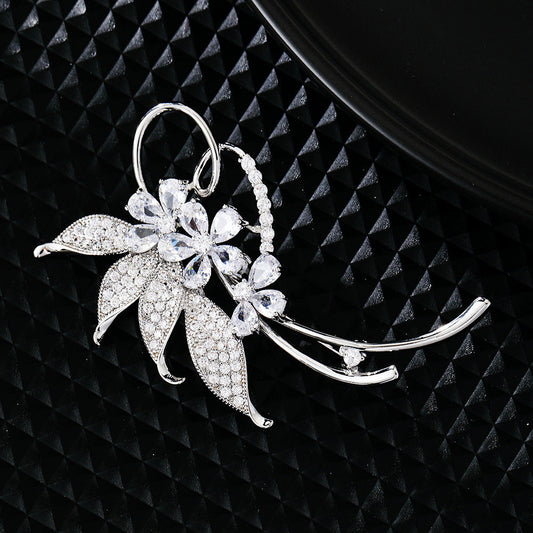 Leaves and Flowers Clear Crystal Brooch