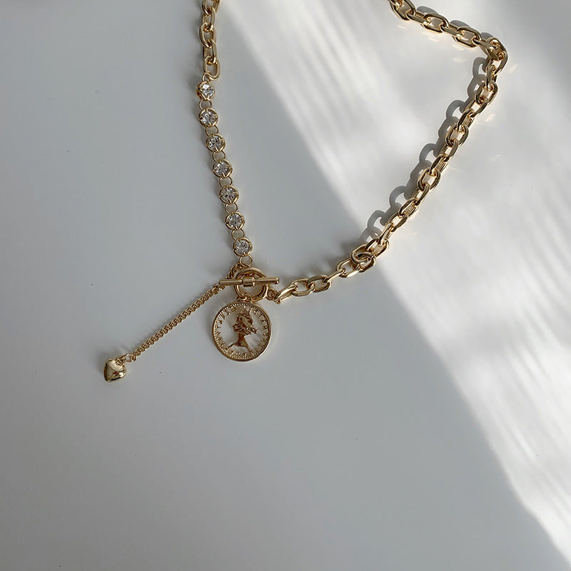 Portrait Coin Asymmetrical Chain Necklace