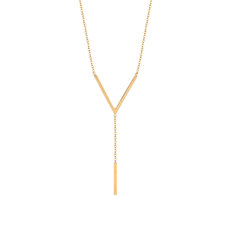 V-Shaped Gold Necklace with Straight Hanging Pendent