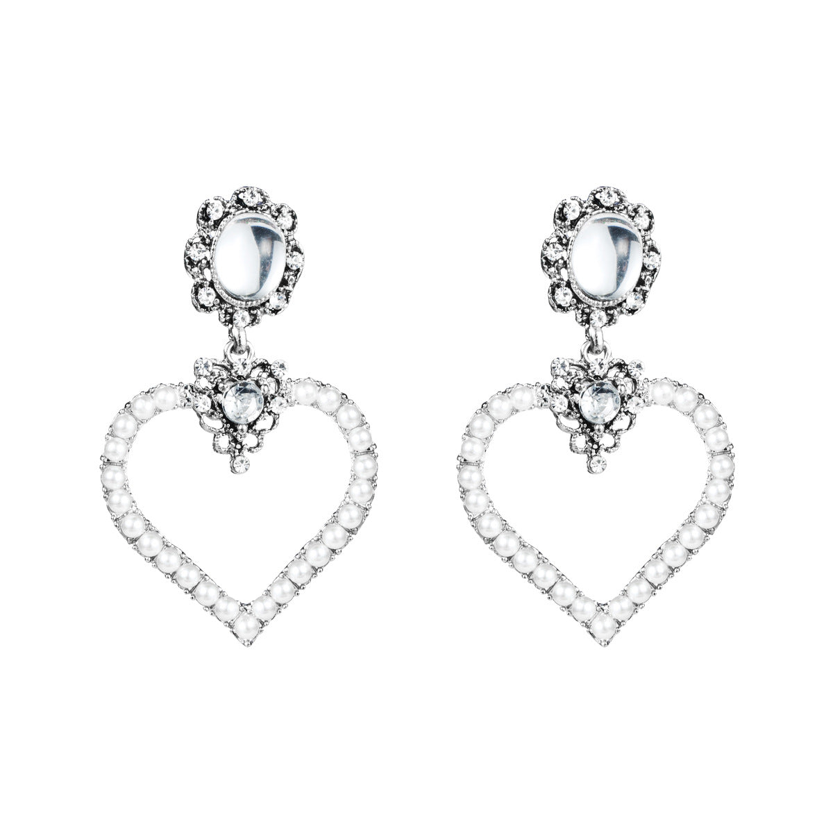 Heart Shaped Pendent Dangle Earrings with Crystals and Pearls