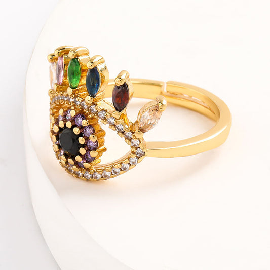 Eye Shaped Colorful Rhinestones Gold Adjustable Ring