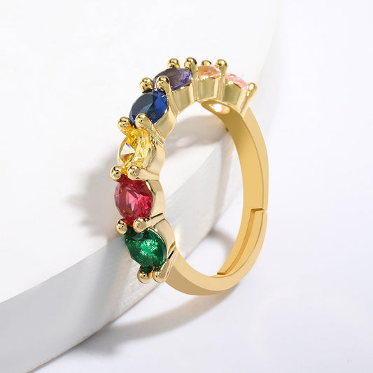 Colorful Rhinestone Crystals Row Gold Adjustable Ring