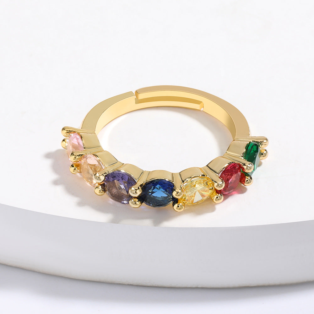 Colorful Rhinestone Crystals Row Gold Adjustable Ring