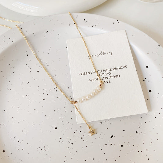 Gold Pearl Line Necklace