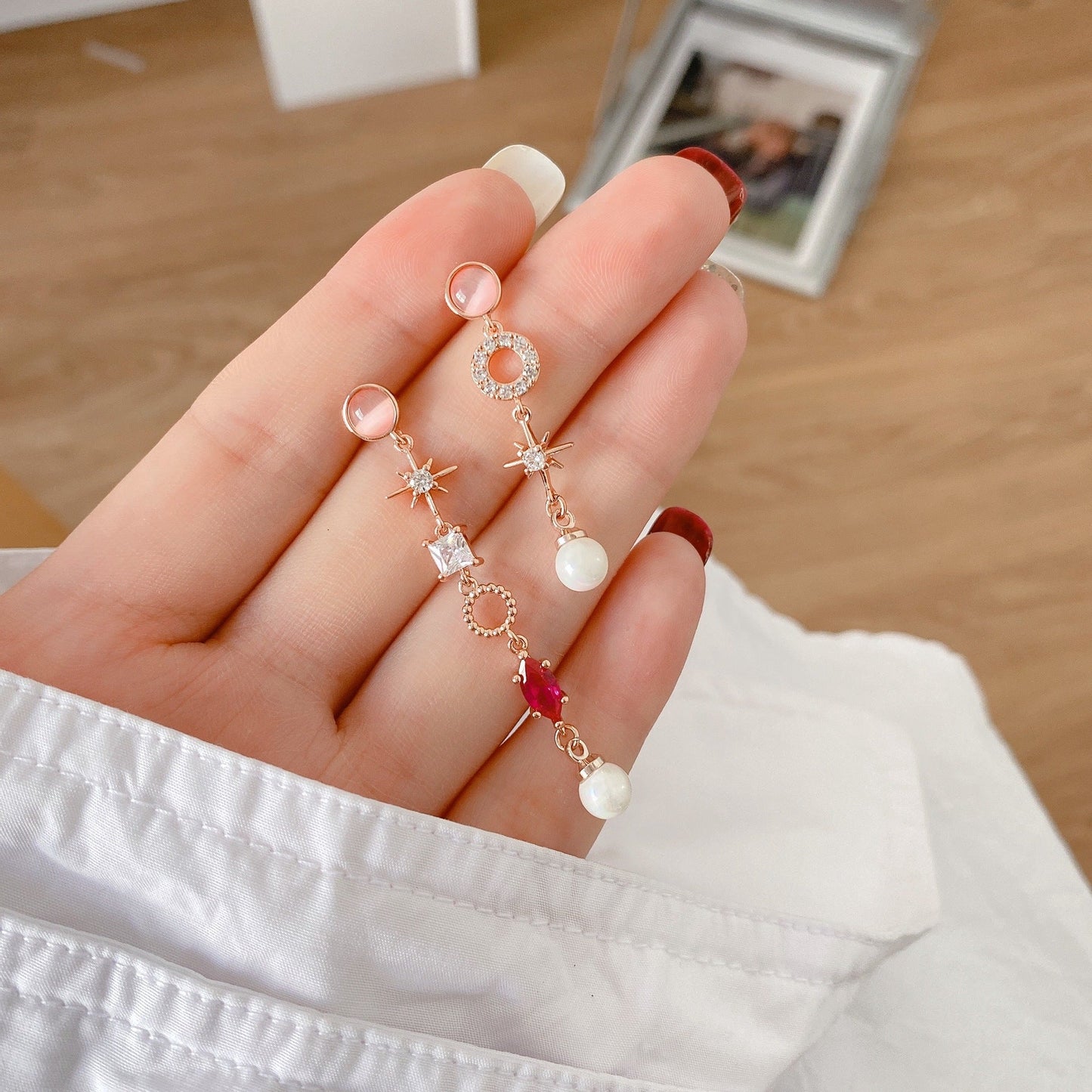 Rose Gold Asymmetrical Opal Earrings