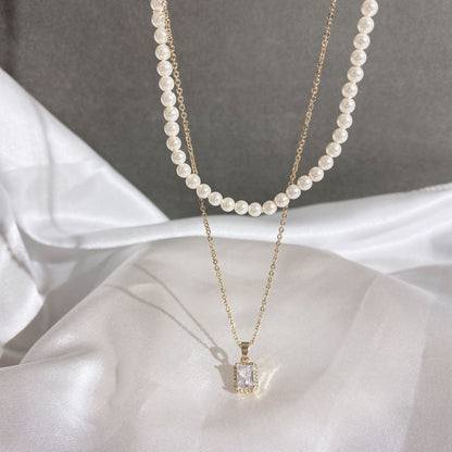 Double Layered Crystal and Pearl Necklace