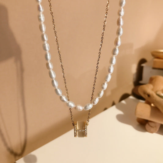 Double Layered Iridescent Stone and Pearl Necklace