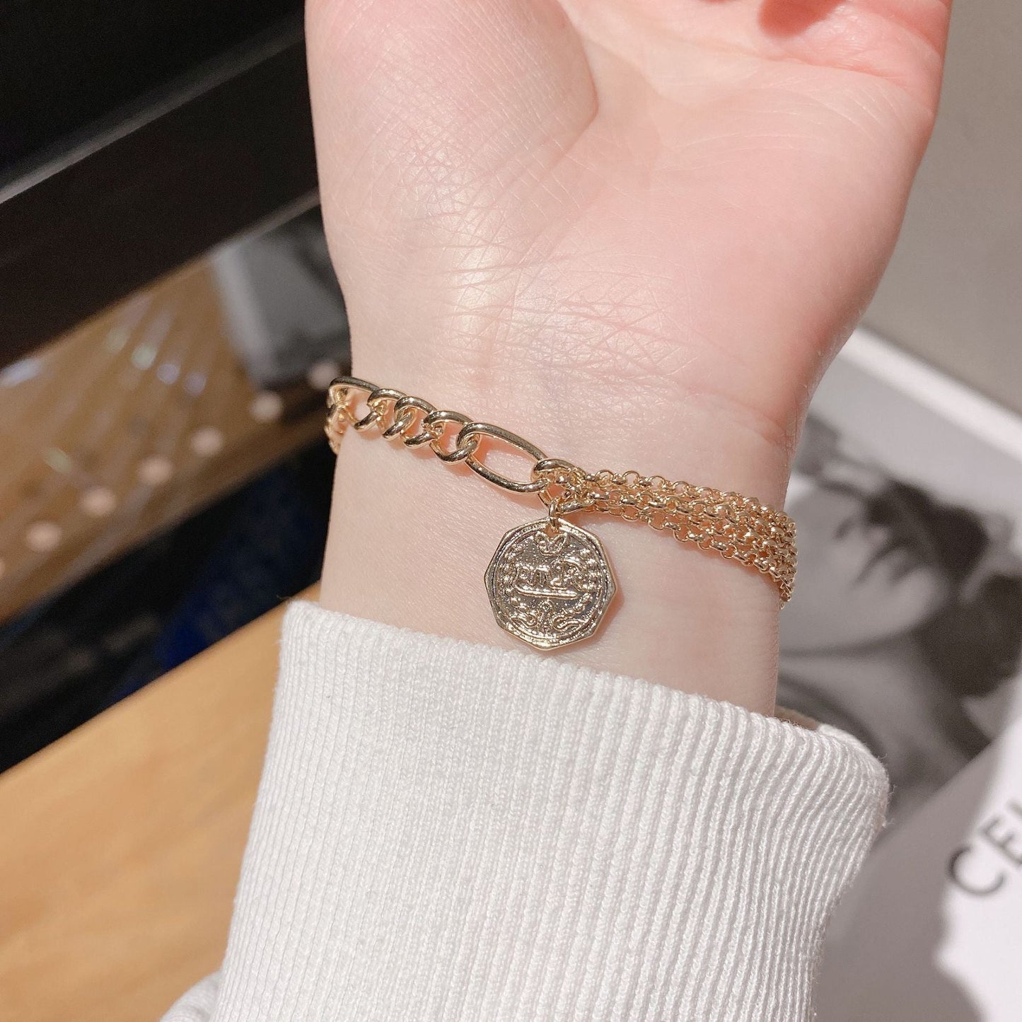 Asymmetrical Gold Chain Bracelet with Coin