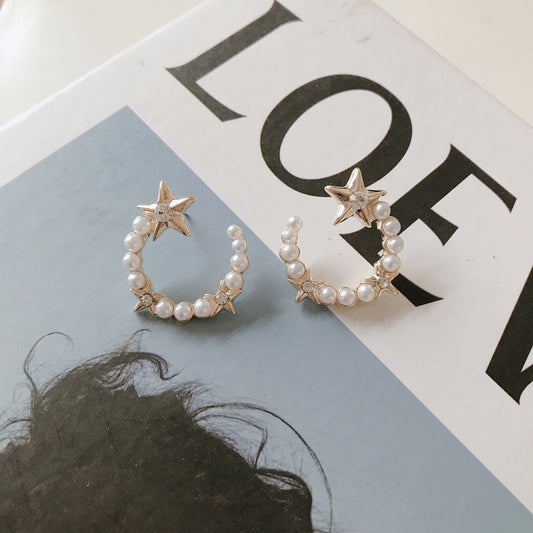 Open Circle Pearl Earrings with Stars