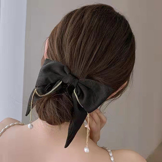 Large Ribbon with Pearl Tassel Hair Clip