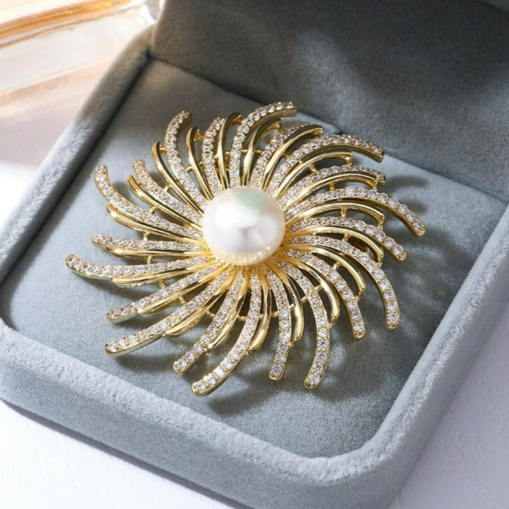 Beaming Sun Gold Brooch with Crystals & Pearls