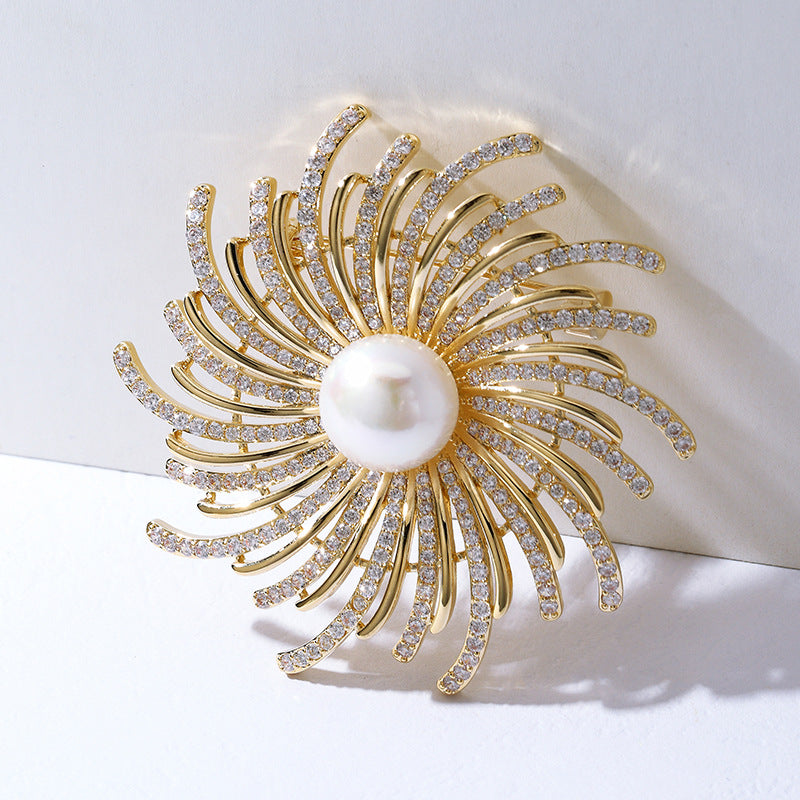 Beaming Sun Gold Brooch with Crystals & Pearls