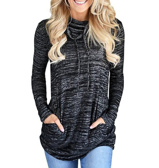 Drawstring Pocket Cowl Neck Pullover